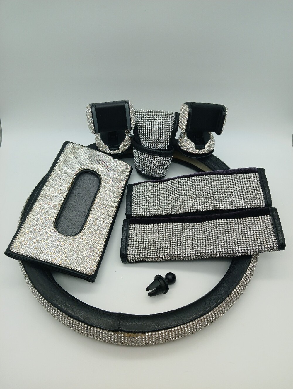 Crystal Rhinestone Car Accessory Set - Silver Bling